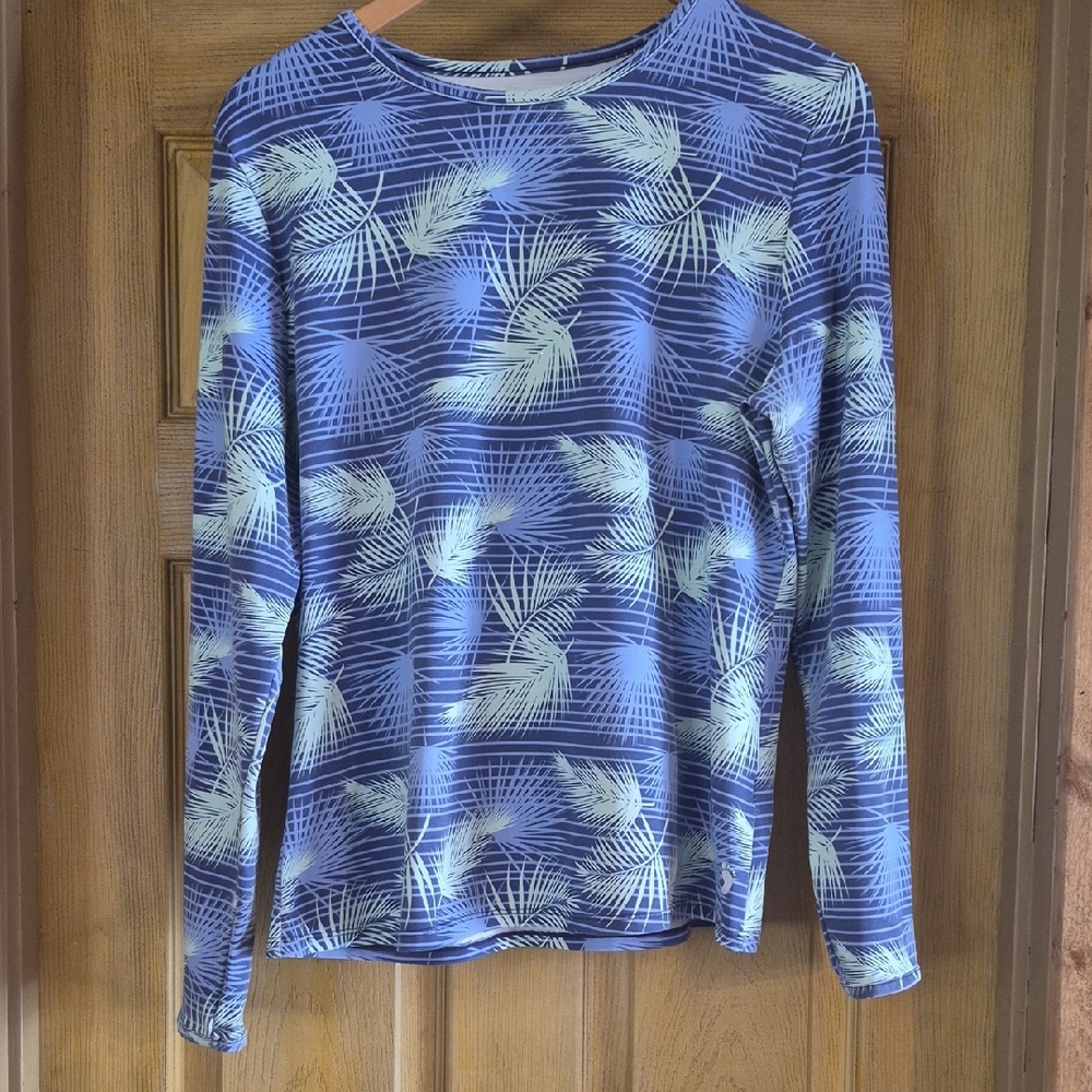 Hang Ten Navy  Light Green Palm Leaf Patterned Swim Top Stretch Long Sleeve XL